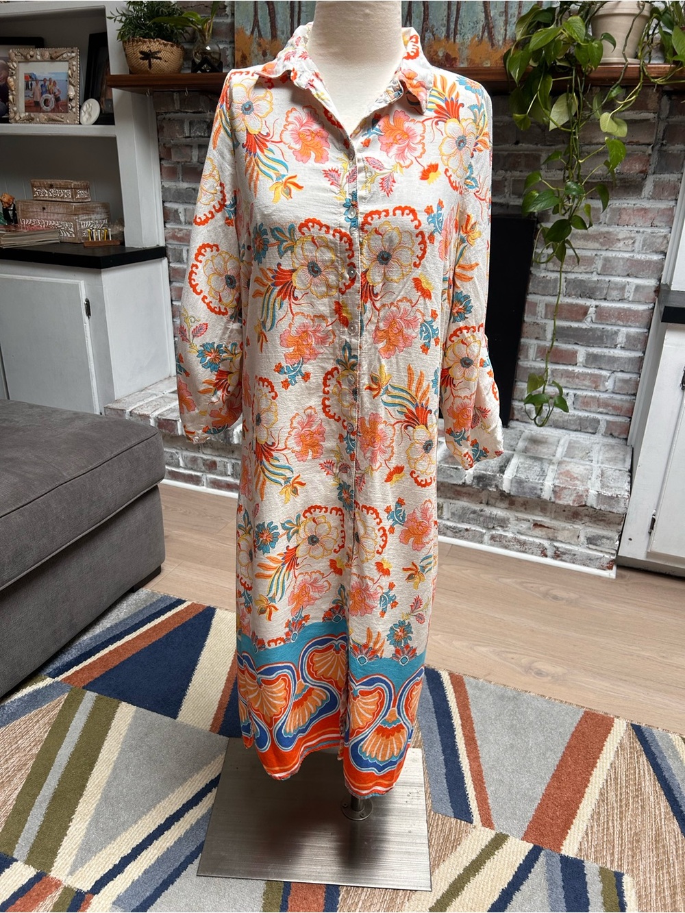 Figueroa & Flower boho button up floral paisley dress rayon linen M/L